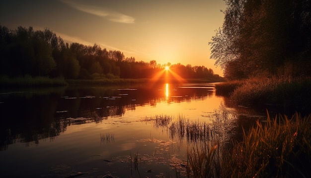 La tranquila puesta de sol sobre un estanque azul refleja una naturaleza vibrante generada por IA