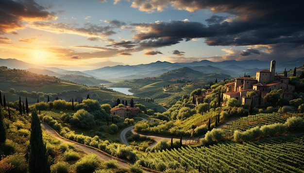 Tranquila puesta de sol sobre viñedos italianos, un pintoresco paisaje rural generado por inteligencia artificial