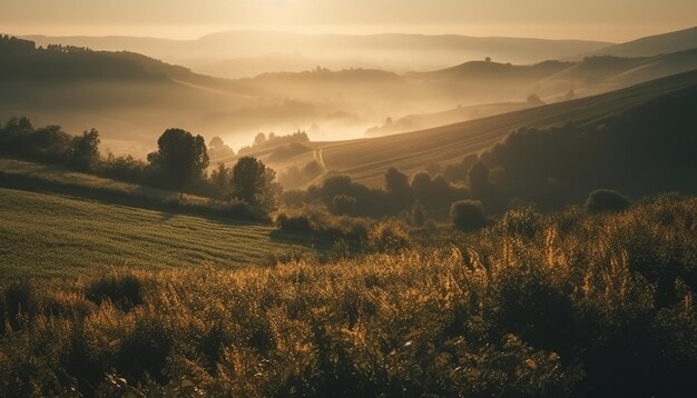 Tranquilo amanecer sobre un idílico paisaje rural generado por IA