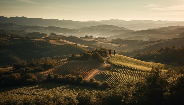 Tranquilo amanecer sobre un rústico paisaje de viñedos italianos generado por IA