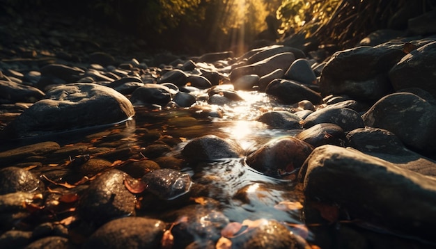 El tranquilo arroyo del bosque fluye bajo el cielo del atardecer generado por IA