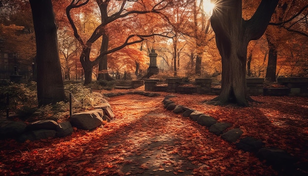 Foto gratuita tranquilo bosque otoñal hojas vibrantes niebla misteriosa generada por ia