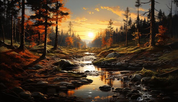 El tranquilo bosque otoñal refleja una vibrante puesta de sol sobre el agua generada por inteligencia artificial
