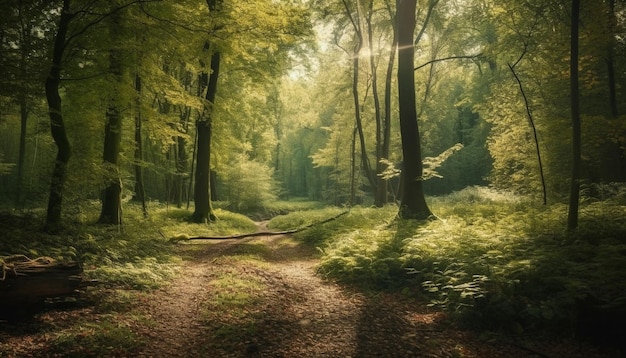 Tranquilo camino forestal hojas de otoño crujiendo bajo los pies generado por IA