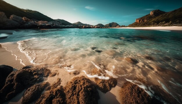 Tranquilo paisaje marino al atardecer, unas vacaciones perfectas generadas por IA