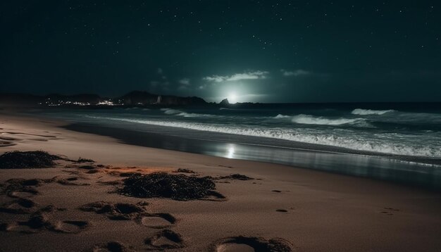 Tranquilo paisaje marino iluminado por la luz de la luna y las estrellas generadas por IA