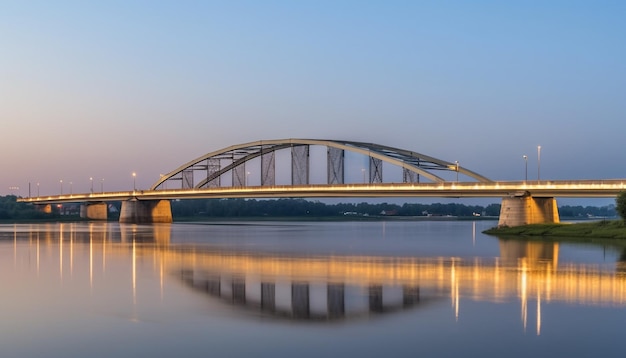 Foto gratuita tranquilo paisaje urbano al atardecer iluminado por equipos de iluminación azul generados por ia