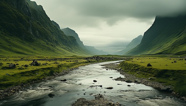 Foto gratuita tranquilo pico de montaña majestuoso paisaje belleza panorámica en la naturaleza generada por inteligencia artificial