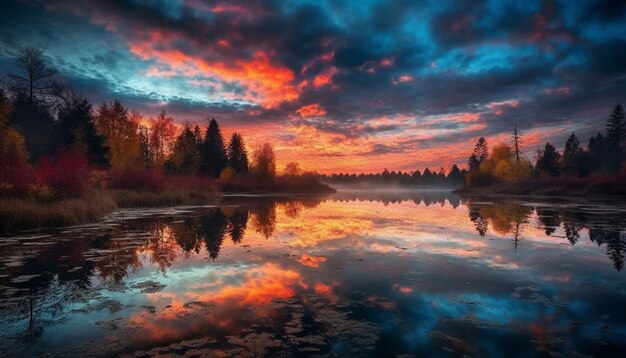 Tranquilo reflejo de la puesta de sol en el estanque del bosque de otoño IA generativa