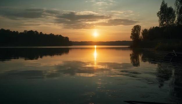 Foto gratuita tranquilo reflejo de la puesta de sol en un pacífico estanque forestal generado por ia