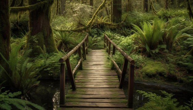 Tranquilo sendero serpentea a través de una exuberante selva tropical generada por IA