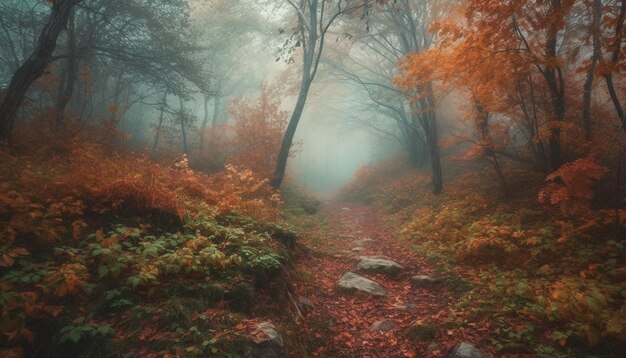 Tranquilo sendero serpentea a través del misterioso bosque otoñal generado por IA