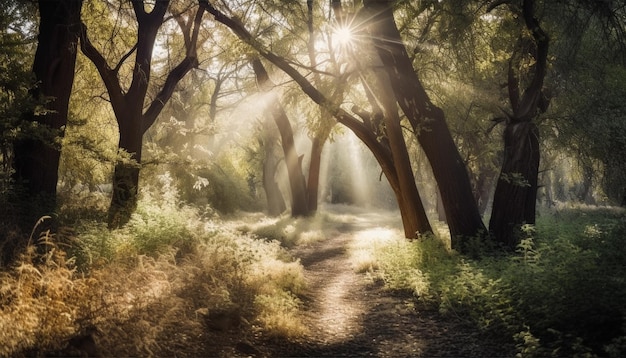 Foto gratuita tranquilo sendero serpentea a través de un neblinoso bosque otoñal generado por ia