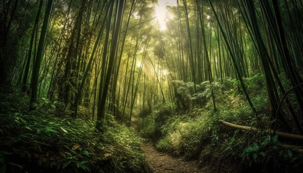 Tranquilo sendero serpentea a través de un vibrante bosque tropical generado por IA