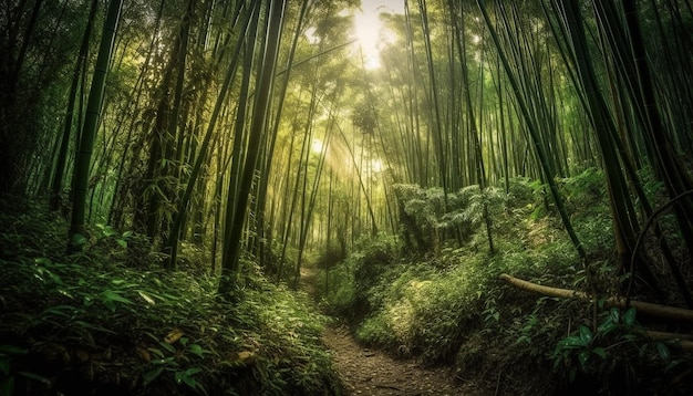 Tranquilo sendero serpentea a través de un vibrante bosque tropical generado por IA