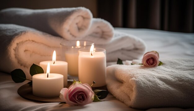 Tratamiento de spa de lujo aromaterapia a la luz de las velas masaje relajación de pétalos bienestar generado por IA