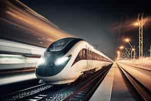 Foto gratuita tren de alta velocidad en la estación y paisaje urbano borroso por la noche en ai generativo de fondo