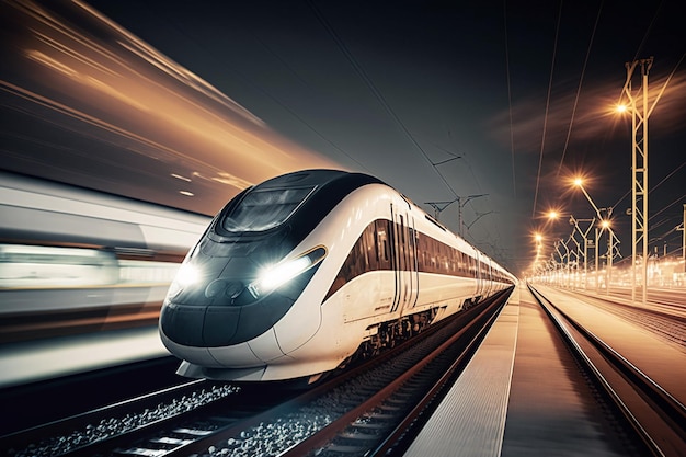 Tren de alta velocidad en la estación y paisaje urbano borroso por la noche en ai generativo de fondo