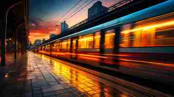 Foto gratuita el tren de alta velocidad pasa por una estación vacía a primera hora de la mañana borroso en el movimiento