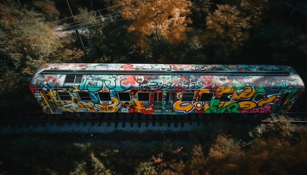 Foto gratuita un tren con grafitis a un lado