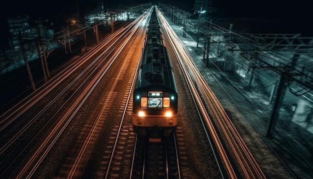 Un tren a toda velocidad ilumina el horizonte de una ciudad futurista al anochecer generado por IA