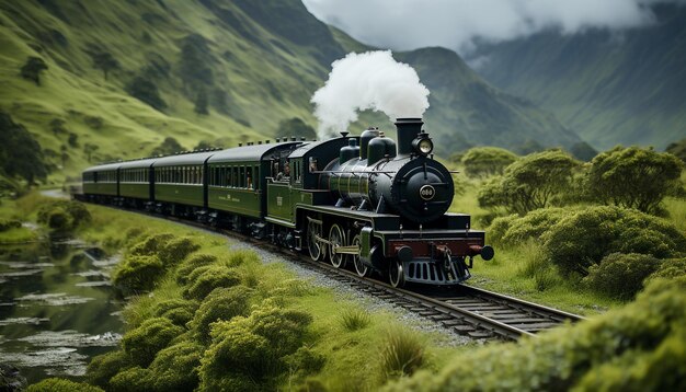 Un tren de vapor recorre el paisaje montañoso, un nostálgico medio de transporte generado por inteligencia artificial