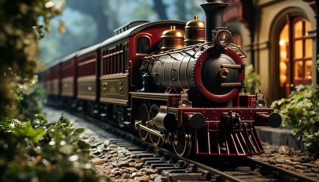 Foto gratuita tren de vapor sobre antiguas vías de ferrocarril que transporta pasajeros a través de la historia generado por inteligencia artificial