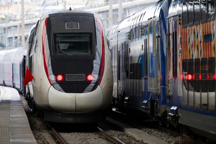 Foto gratuito trenes rojos y azules estacionados en la estación de niza, francia