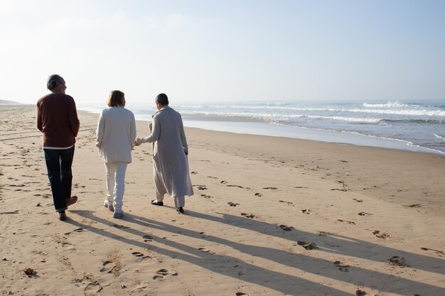 Tres amigos mayores disfrutan de un brillante día de otoño mientras caminan solos por la orilla del mar, dejando huellas en la arena mojada. Hombre y dos mujeres hablando y disfrutando el tiempo juntos. Amistad, concepto de ocio.