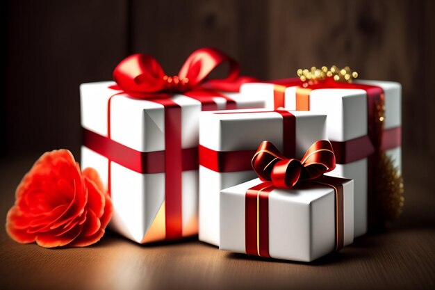 Tres cajas de regalo blancas con cinta roja y un lazo rojo.
