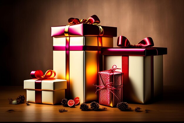 Tres cajas de regalo con cintas rojas y una que dice 'navidad'