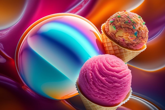 Foto gratuita tres conos de helado con uno con un fondo de color arcoiris