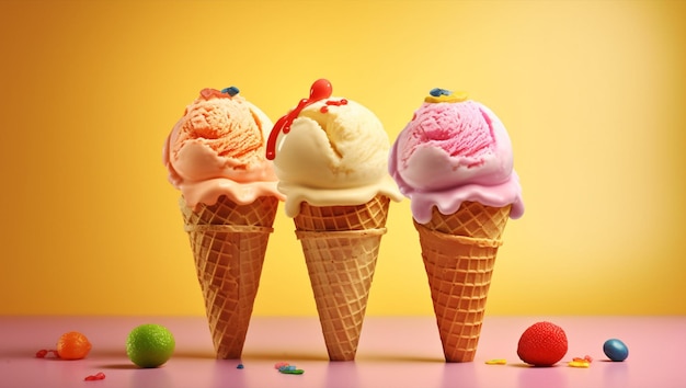 Tres conos de helado se sientan en una mesa con uno que dice helado.