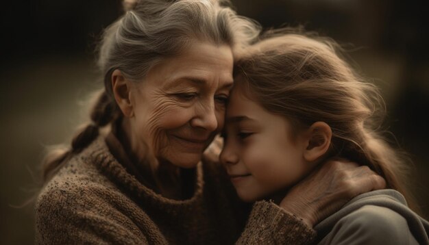 Tres generaciones de mujeres se abrazan en la naturaleza generada por IA