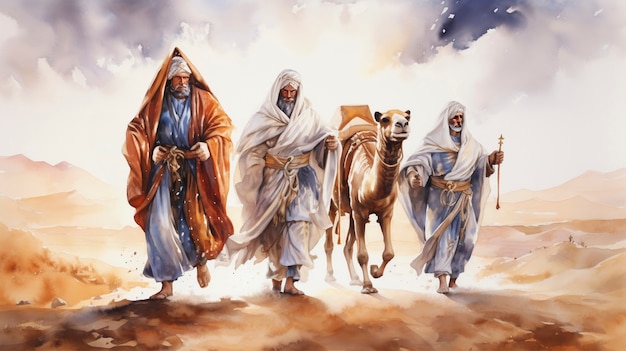 Tres hombres y un camello en el desierto