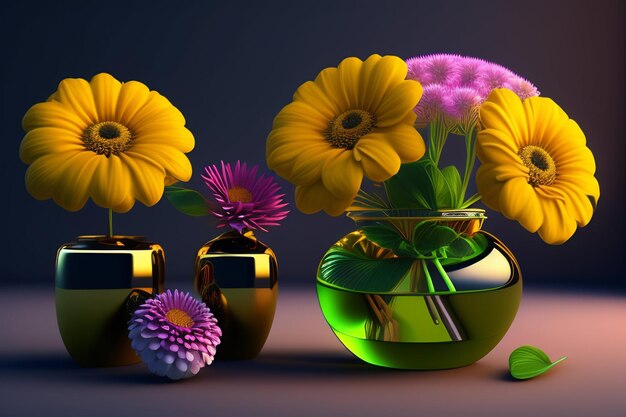 Tres jarrones con flores y un jarrón de cristal verde con una flor verde en el centro.