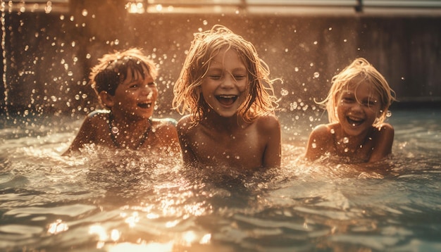 Foto gratuita tres niños en una piscina con el sol en la cara