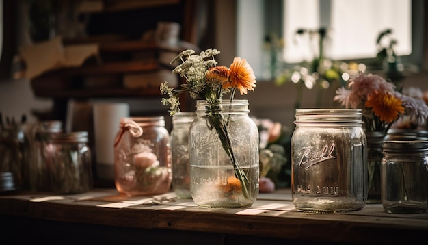 Foto gratuita tres tarros de albañil con flores sobre una mesa