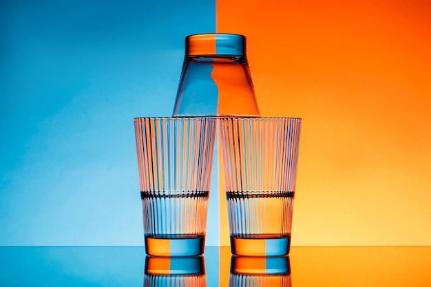 Tres vasos con agua en azul y naranja.