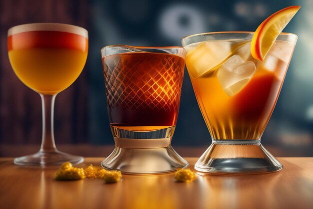 Tres vasos de alcohol en una mesa con uno que dice 'naranja'