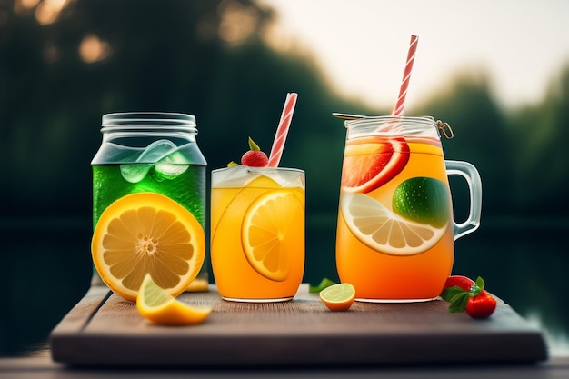 Foto gratuita tres vasos de jugo de naranja con pajitas y una pajita con la palabra limón.