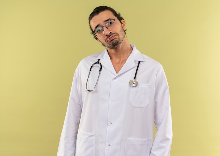 Foto gratuito triste joven médico con gafas ópticas vistiendo bata blanca con estetoscopio en pared verde aislada con espacio de copia