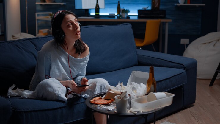 Foto gratuito triste mujer ansiosa pensativa escuchando música con smartphone