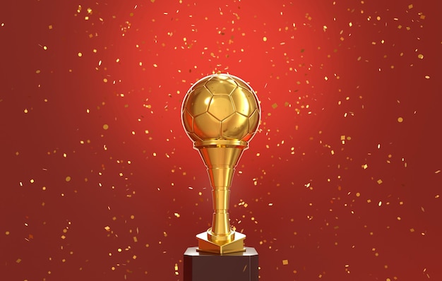 Foto gratuita trofeo de fútbol de pelota de oro con confeti dorado cayendo