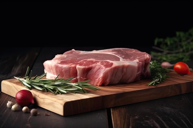 Trozo de carne de cerdo cruda con ron en una tabla de cortar en la mesa de madera Ai generativo