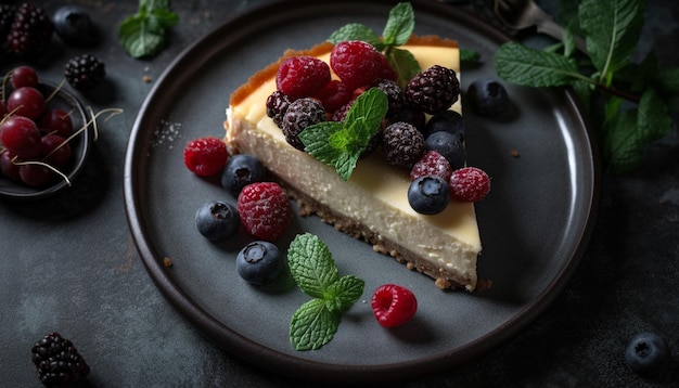 Un trozo de tarta de queso con bayas en un plato