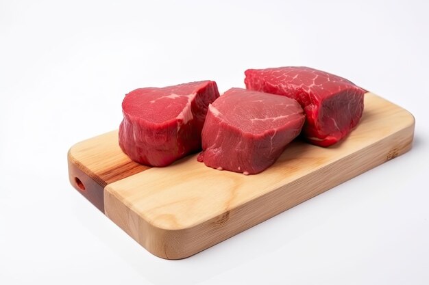 Trozos de carne de solomillo cruda en una tabla de cortar aislada sobre fondo blanco Ai generativo