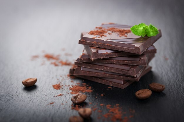 Trozos de chocolate con cacao en polvo