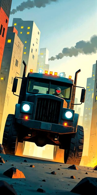 Truck driving through apocalyptic city