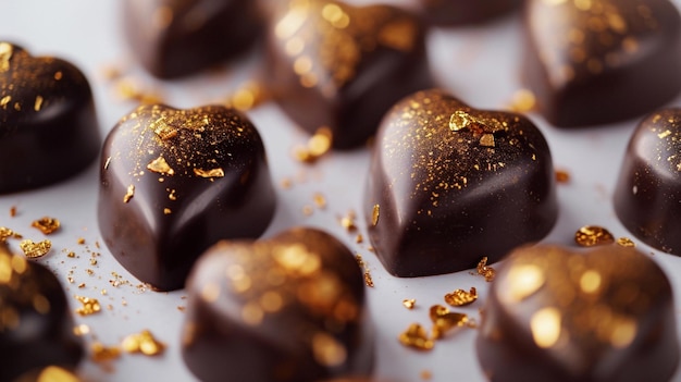 Foto gratuita trufas de chocolate en forma de corazón con detalles dorados sobre fondo blanco